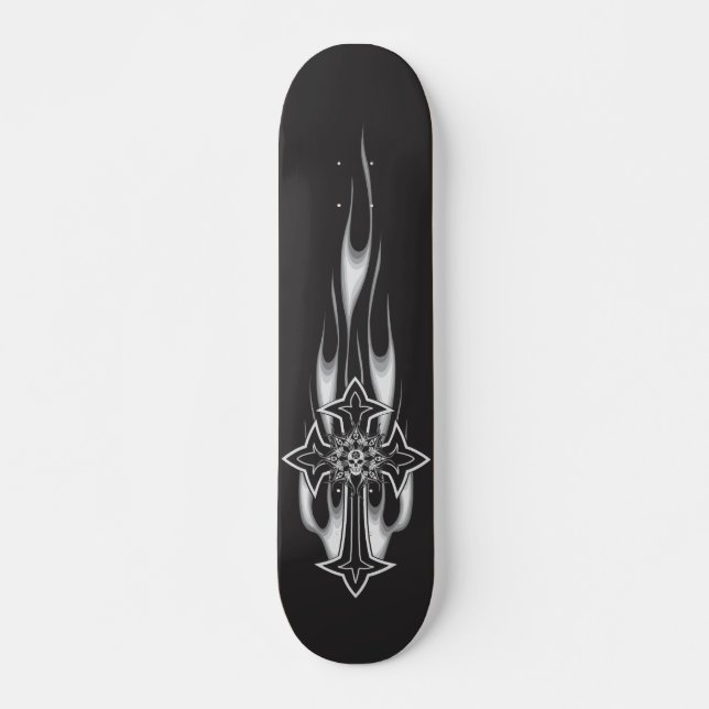 Skateboard Croix du crâne gothique flamboyant (Devant)