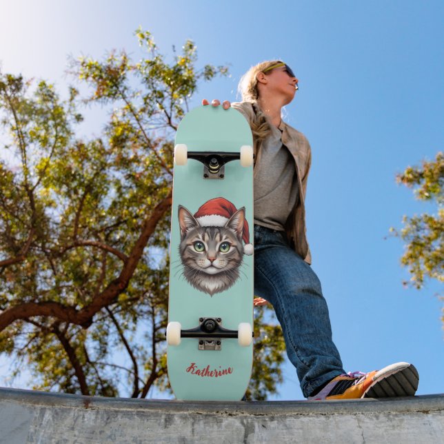 Skateboard Custom Cute Christmas Cat with Santa Hat (Extérieur 1)