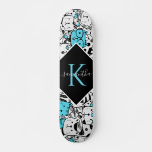 Skateboard Cute Blue Chat Motif Nom et dessin original