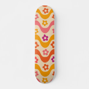 Skateboard Cute Groovy flowers pattern on retro waves  
