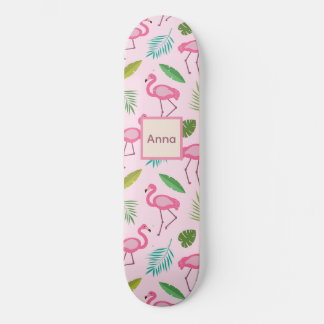 Skateboard Cute Pink Flamingo with Tropical Leaves custom 