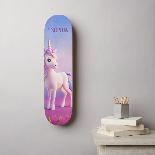 Skateboard Cute Unicorne Blanche Avec Rose & Bleu Mane (Art mural)
