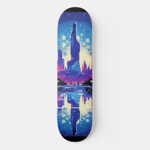 Skateboard Cyberpunk City Skyline futuriste