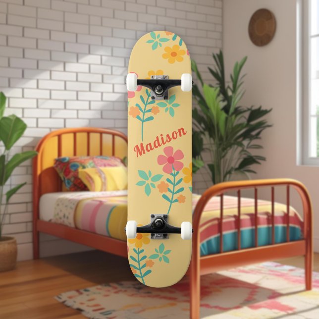 Skateboard Daisy Retro Bouquet Motif en Patinage Jaune (Créateur téléchargé)