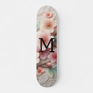 Skateboard Dentelle monogramme florale rose pastel fleur de c