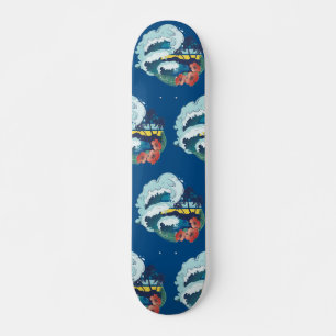 Skateboard Design rétro de la plage, des palmiers et des vagu