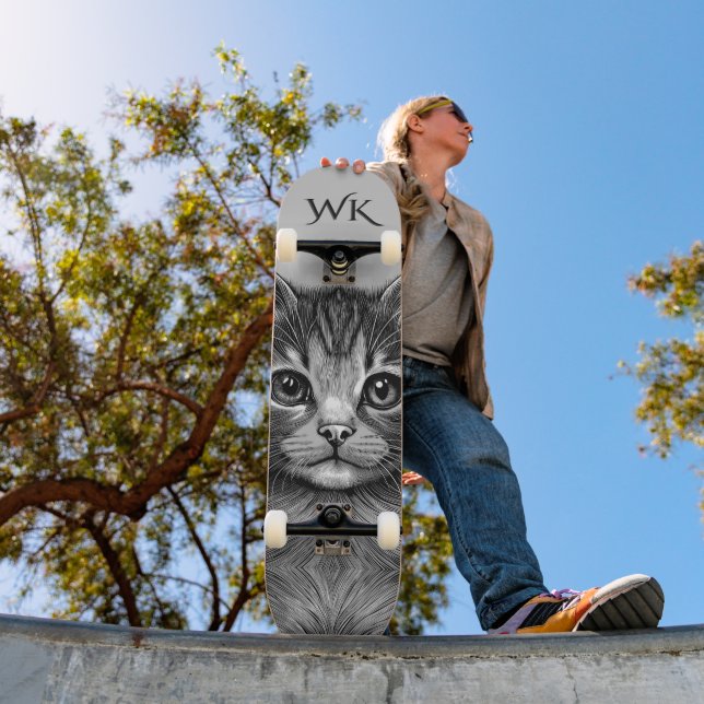 Skateboard Dessin adorable de Monogramme de jeune chat (Extérieur 1)
