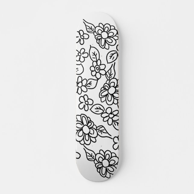 Skateboard Dessin floral noir et blanc (Devant)