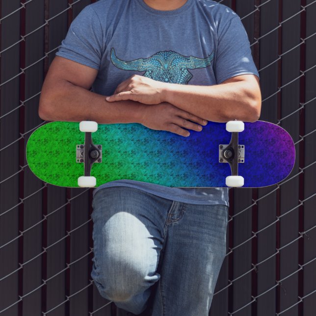Skateboard Diag Arc-en-ciel dégradé Floral Motif bleu vert (Extérieur 3)