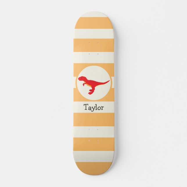 Skateboard Dinosaure Rouge T-Rex; Bandes Oranges (Devant)