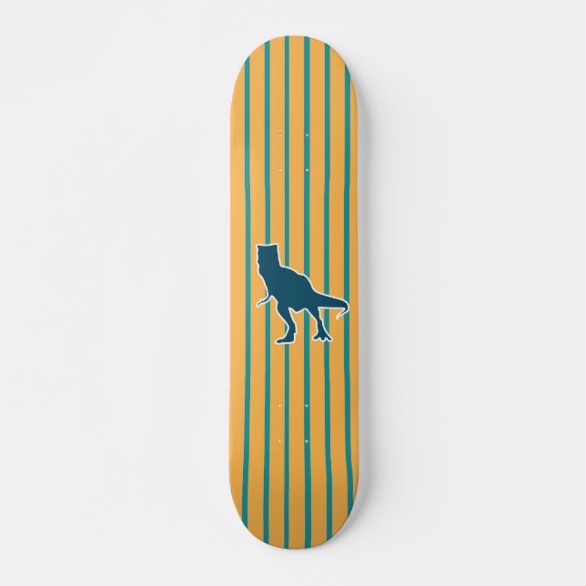 Skateboard Dinosaure T-rex à rayures bleues jaunes (Devant)