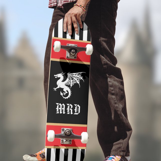 Skateboard Dragon Black White Striped Monogram w Red Gold  (Créateur téléchargé)