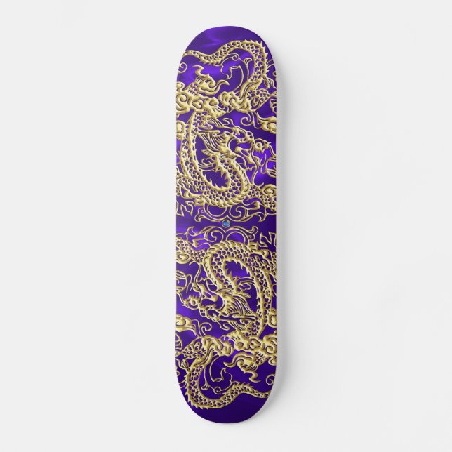 Skateboard Dragon d'or embouti sur papier satin violet (Recto)