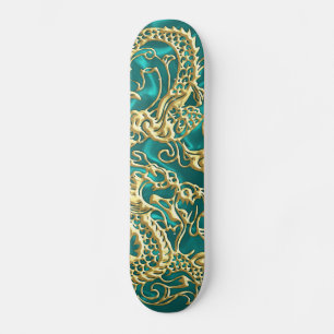 Skateboard Dragon d'or incorporé sur impression en satin Turq