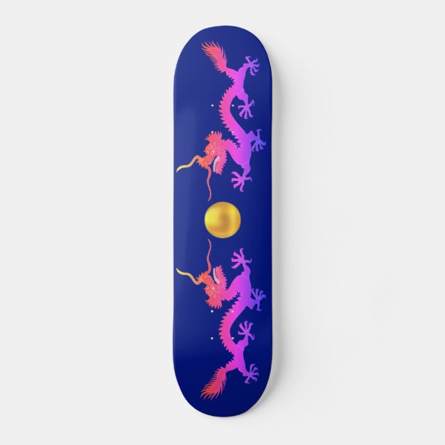 Skateboard Dragons en rose, rouge et bleu sur le bleu (Recto)