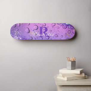 Skateboard Droplets d'eau violette   Ombre bleu et blanc