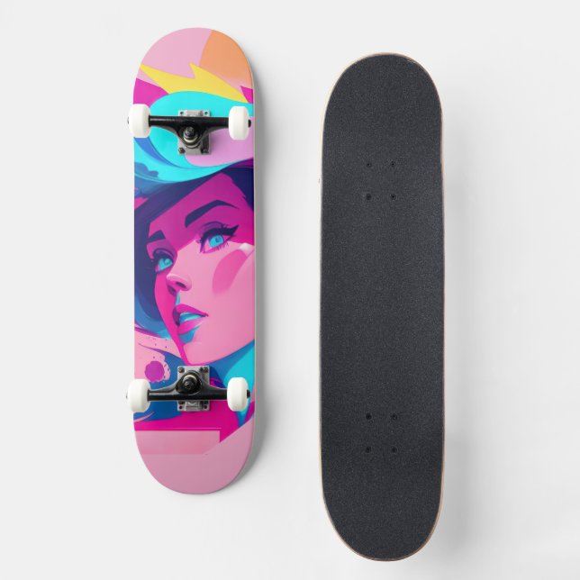Skateboard Dynamic Female Profile In Bright Pinks & Blue (Recto)