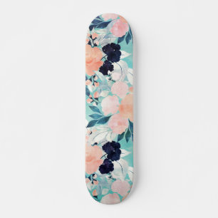 Skateboard Elégant bleu rose Fleurs de menthe Aquarelle Flora