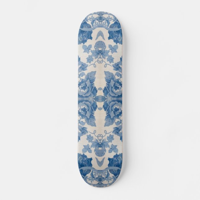 Skateboard Elégant bleu vintage floral (Recto)