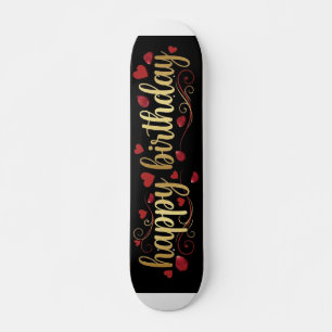 Skateboard Élégant Cœur Rouge et Or Joyeux Anniversaire Roman
