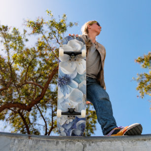 Skateboard Élégant Moderne Bleu Blanc Botanique Floral