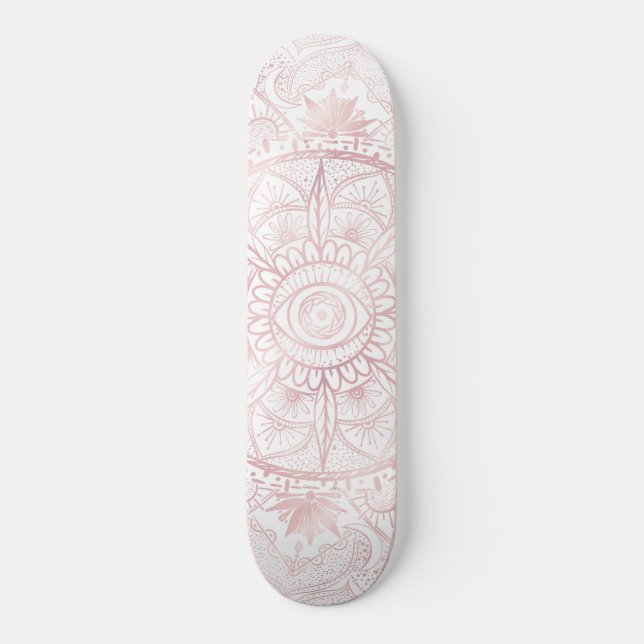 Skateboard Elégant Rose Blanc Or Oeil Soleil Lune Mandala (Recto)