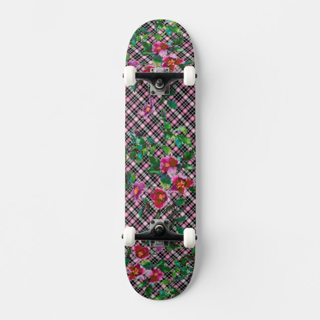 Skateboard Elégante couleur magenta rose fleurons rose (Recto)