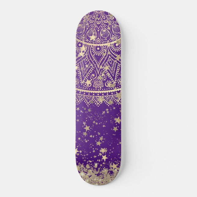 Skateboard Enchanter Mandala avec des étoiles d'or sur violet (Recto)