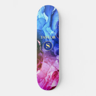 Skateboard Encre Liquide Violet Rouge Bleu, Monogramme & Nom