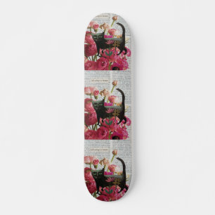 Skateboard Endormez-vous pour rêver Chat noir Fleurs roses ch