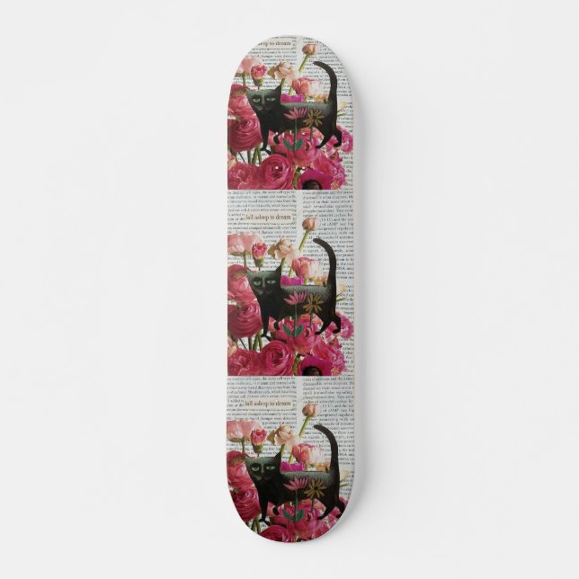 Skateboard Endormez-vous pour rêver Chat noir Fleurs roses ch (Devant)