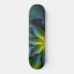 Skateboard Etoile Abstraite, Bleu brillant Vert Or Fractal Ar