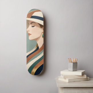 Skateboard Femme avec chapeau de soleil art déco