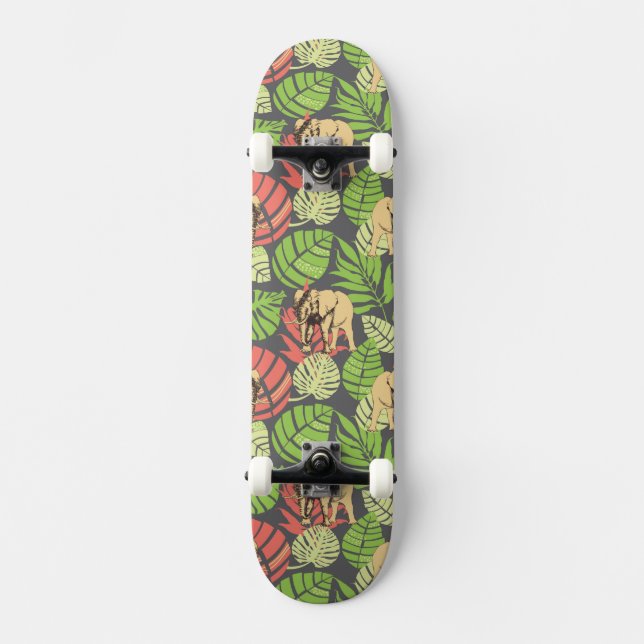 Skateboard Feuille et éléphants exotiques de jungle (Recto)