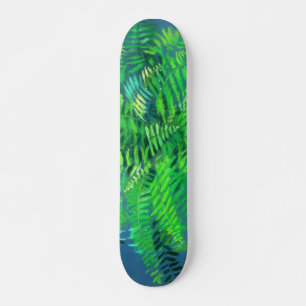 Skateboard Feuilles de fougères, design floral, verdure, bleu