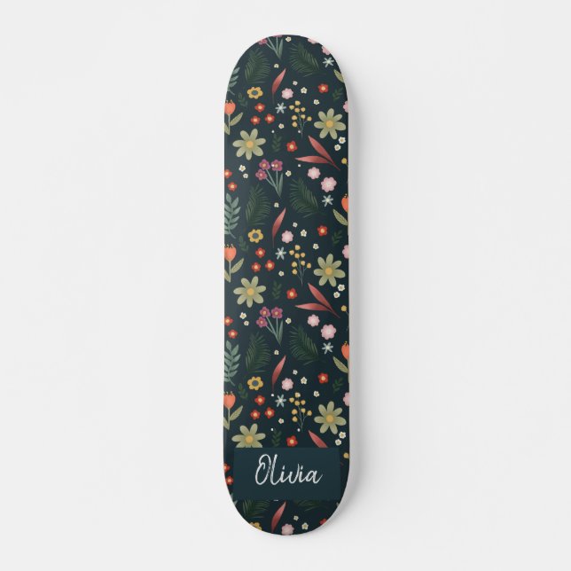 Skateboard Fille et Cool Moderne Marine Bleu Fleurs Botanique (Devant)