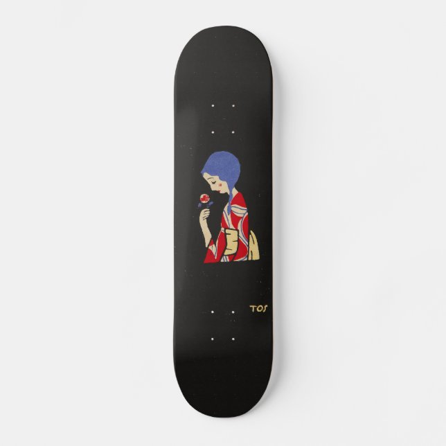 Skateboard Fille japonaise d'art de Toshio Ito avec la fleur (Recto)