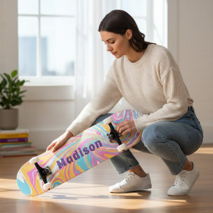 Skateboard Fille Marbre Moderne Swirl Purple Nom Personnalisé