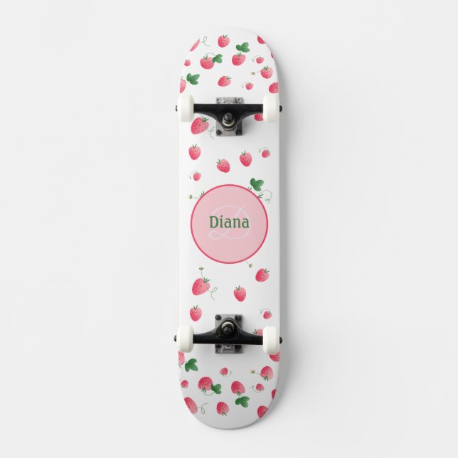 Skateboard Fille Monogramme jolies fraises avec nom (Recto)