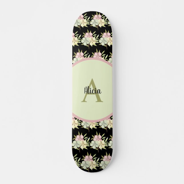 Skateboard Fille noire personnalisée Floral personnalisé (Devant)