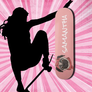 Skateboard Fille rose drôle carlin mignon