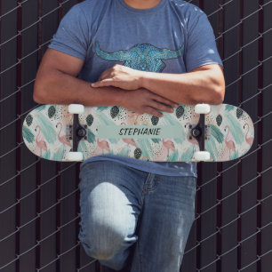 Skateboard Flamant rose d'aquarelle Motif tropical