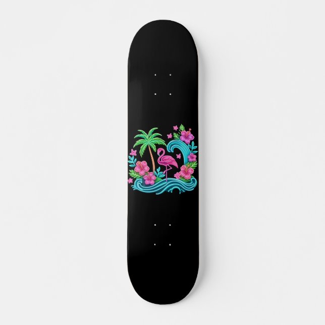 Skateboard Flamant rose de néon tropical (Devant)