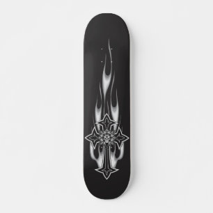 Skateboard Flaming Goth Skull Cross