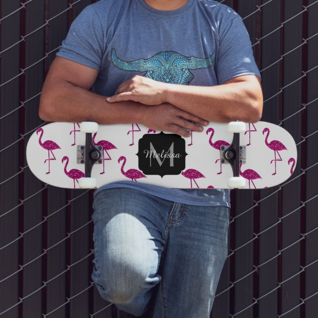 Skateboard Flamingo pétillant rose motif Monogramme (Extérieur 3)