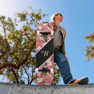 Skateboard Fleur asiatique rose pêche blanc chinoiserie monog