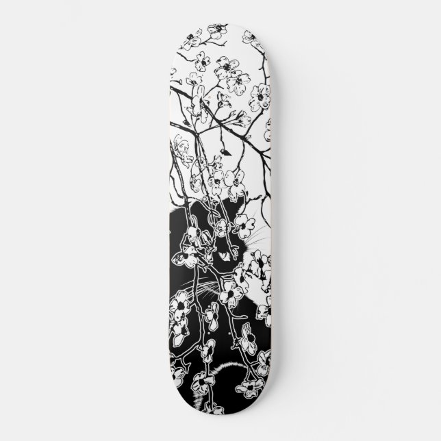 Skateboard Fleur cerisier Chat noir Floral noir et blanc (Recto)