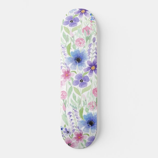 Skateboard Fleur d'aquarelle bleu violet rose du Pays (Recto)