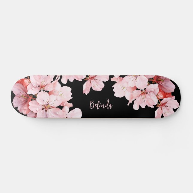 Skateboard Fleur de cerisier floral Monogramme Fille rose noi (Horz)