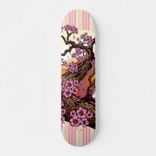 Skateboard Fleur de cerisier rayée pastel Coucher de soleil J